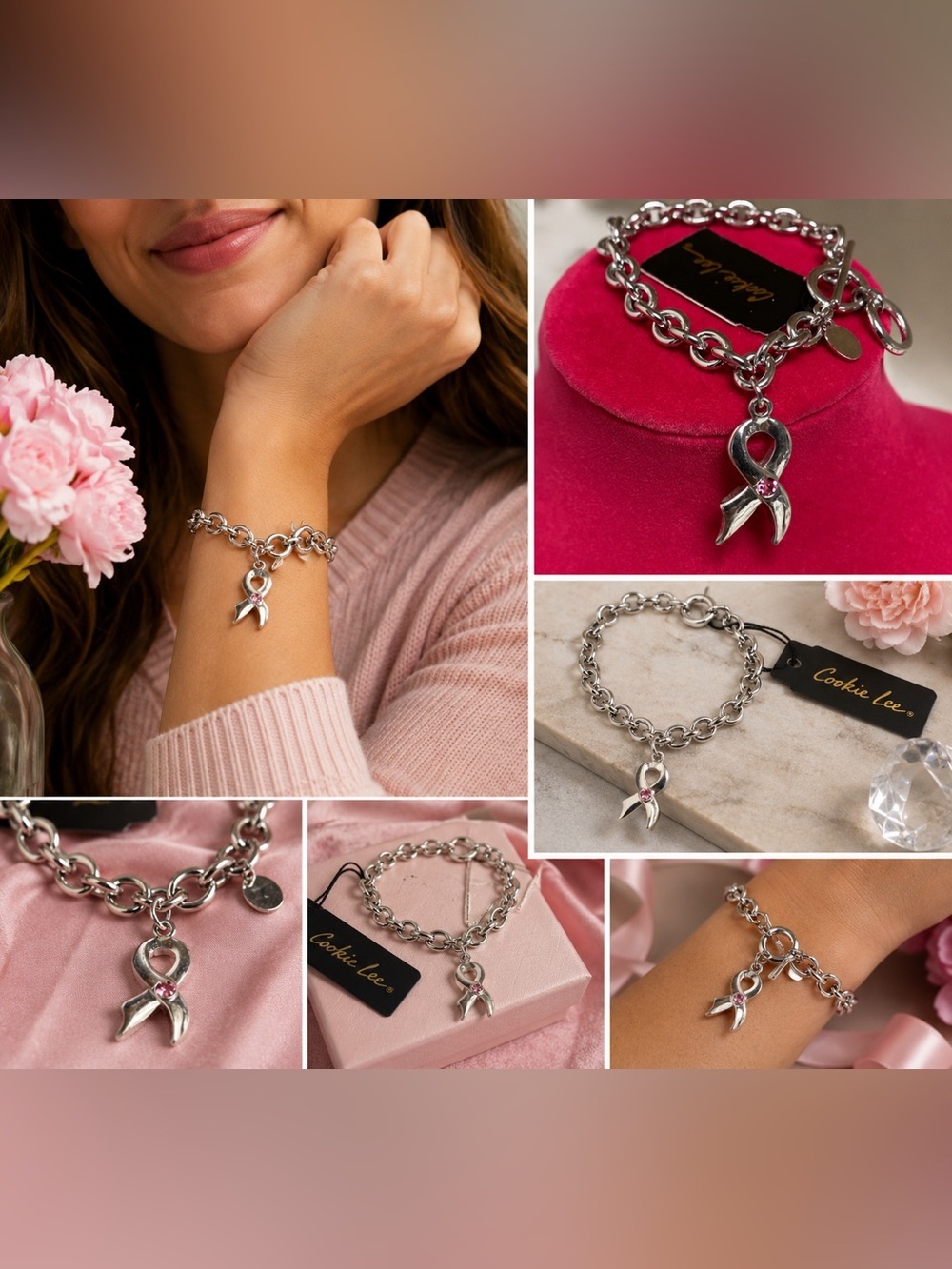 Cookie Lee Breast Cancer Awareness Bracelet | Pink Crystal Charm NWT